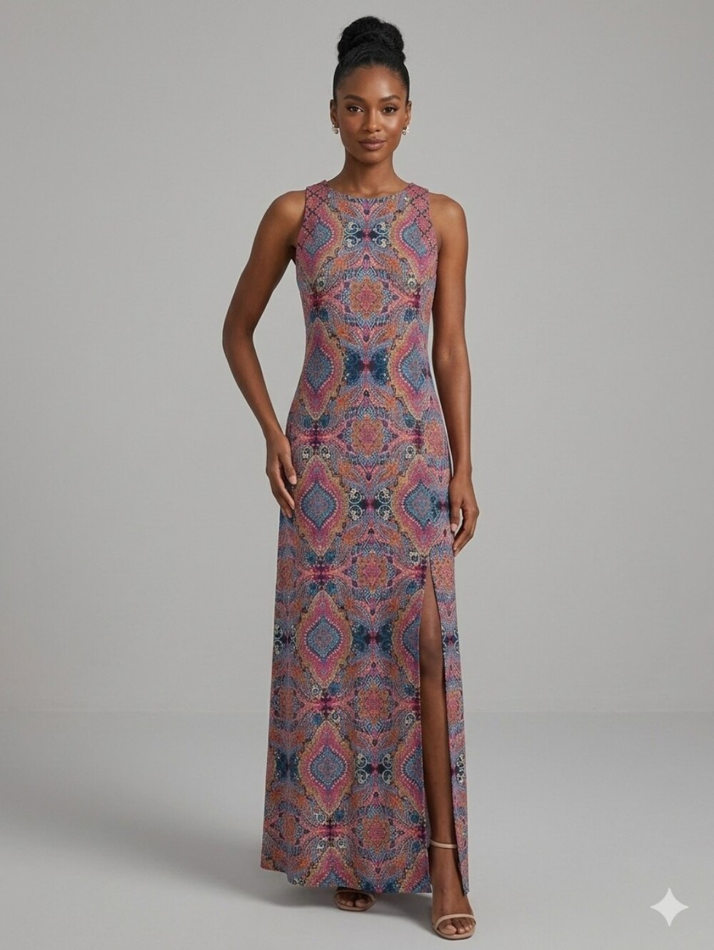 London Times Sleeveless Maxi Dress in Navy, Coral, and Cream Paisley